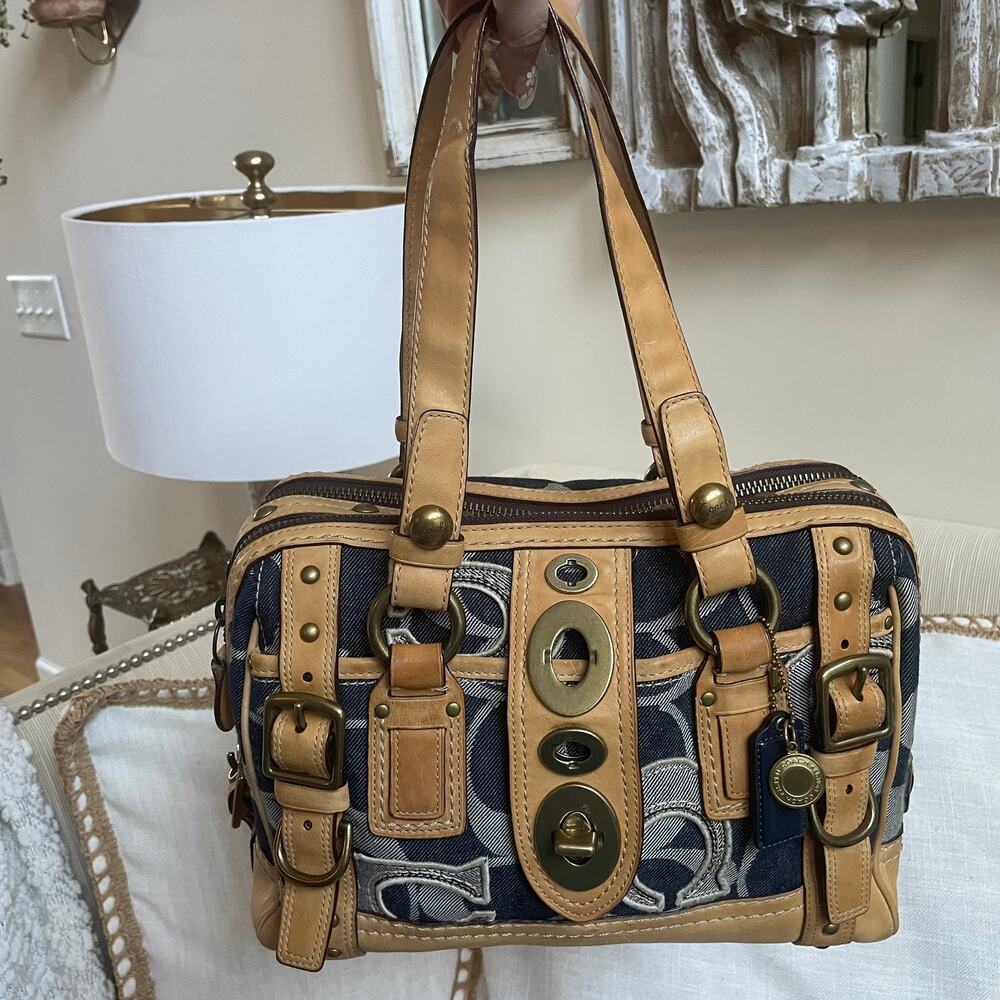 Rare Legacy Denim Lilly Satchel Turnlock Bag | Rainbow Legacy Lining, Vintage - Picture 2 of 13